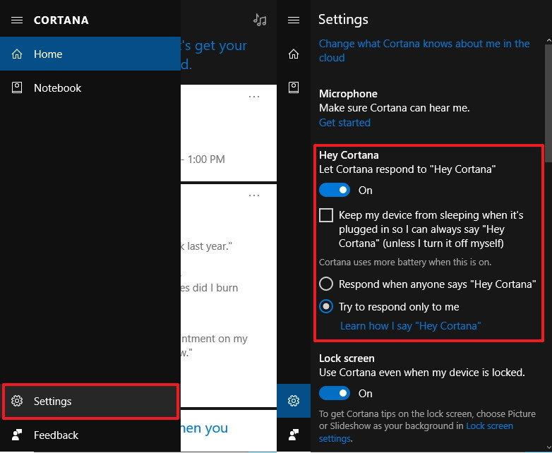 Chuyển trạng thái tùy chọn Hey Cortana sang ON