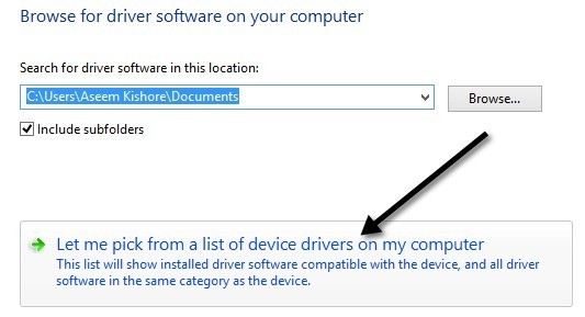 chọn Let me pick from a list of device drivers on my computer