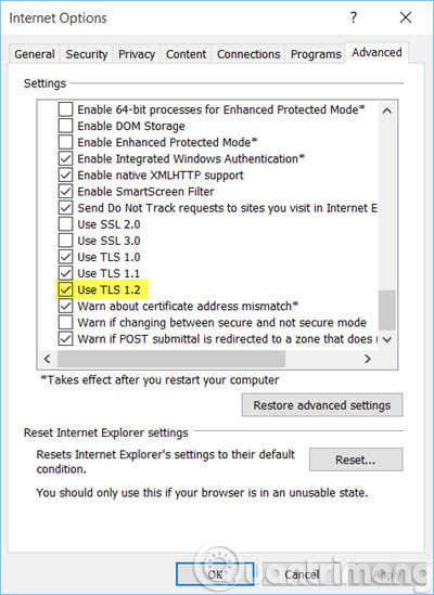 Kiểm tra TLS 1.2 trong Internet Option