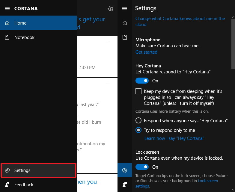 truy cập thiết lập Cortana