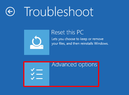Trên cửa sổ Troubleshoot, tìm và click chọn Advanced options.