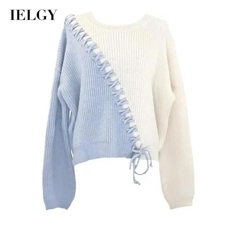 Áo sweater IELGY màu xanh lam thiết kế đường khâu bên ngoài phong cách thanh lịch thời trang cho nữ
