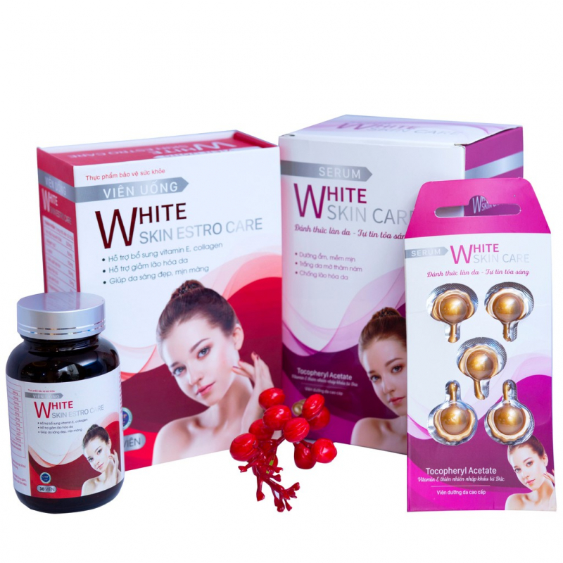 Viên uống trắng da VAK White Skin Estro Care sáng hồng tự nhiên chống lão hóa cấp ẩm collagen vitamin E hộp 30 viên